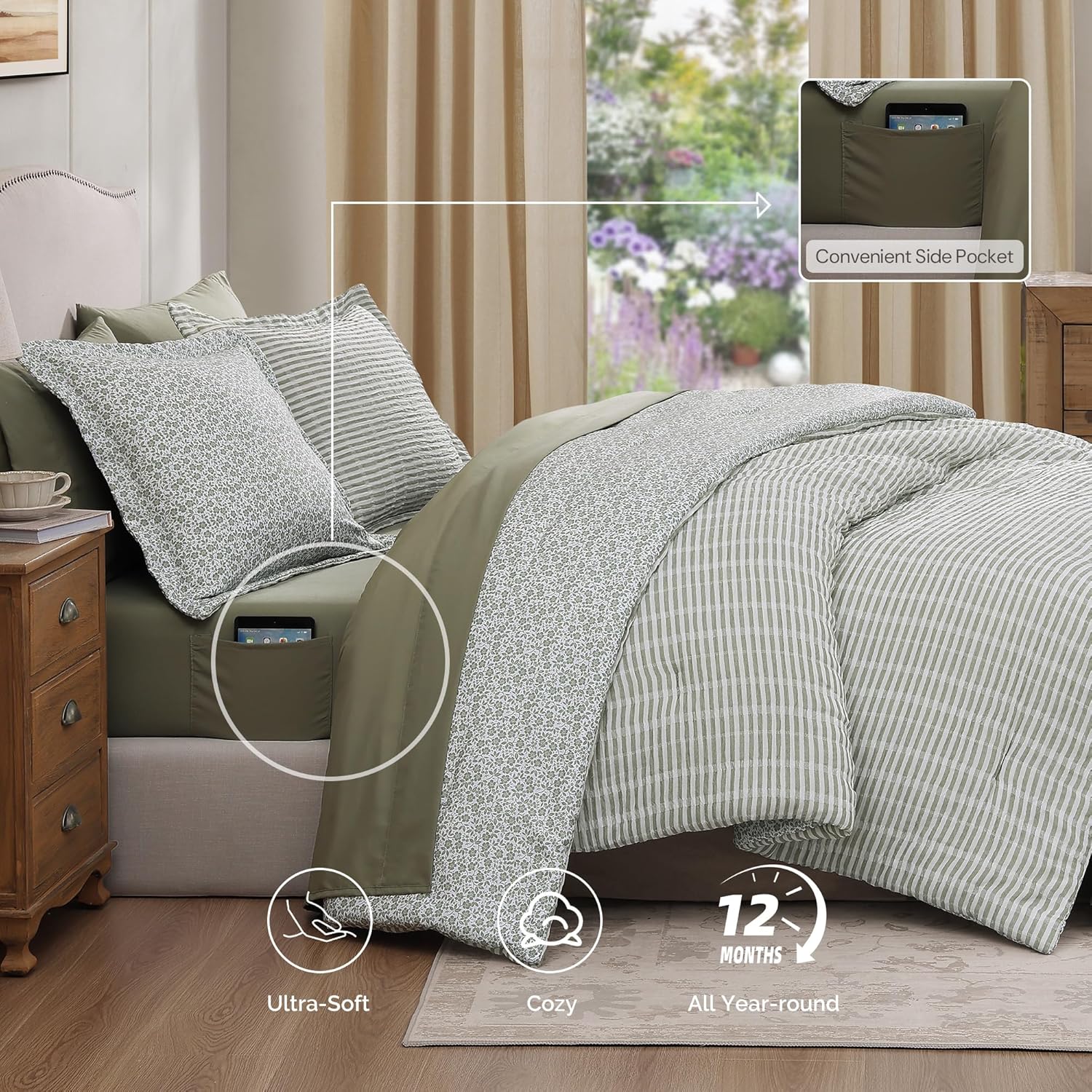 Queen Comforter Set - 7 Pieces Green Gauze Muslin Bedding Sets for All Seasons, Lightweight Breathable Bed in a Bag Queen with Revesible Farmhouse Comforter, Sheets, Pillowcases & Shams - Image 6