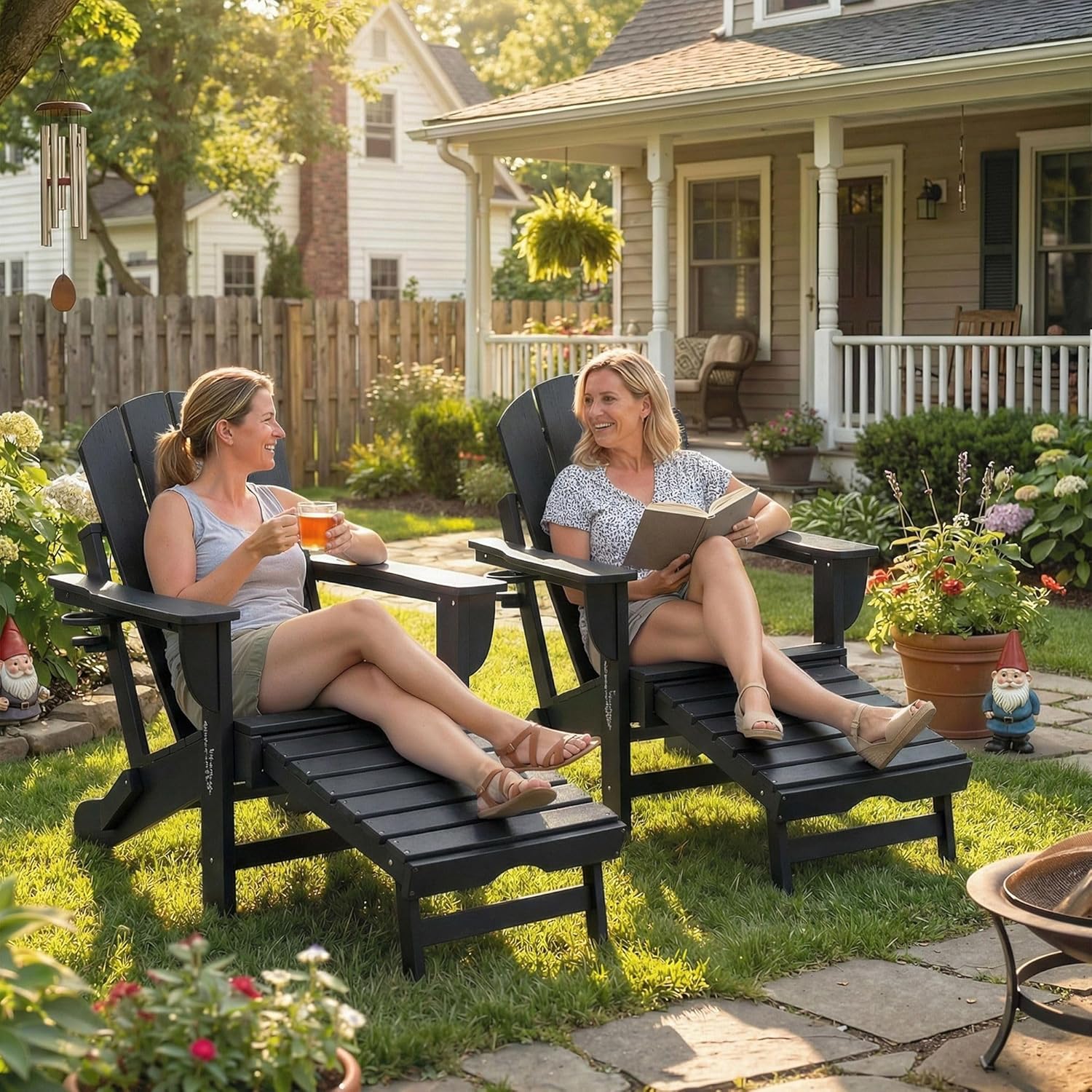 Folding Adirondack Chair Set of 2: HDPE Fire Pit Chairs with Retractable Ottoman, Cup Holder & Wood Grain Finish, Black