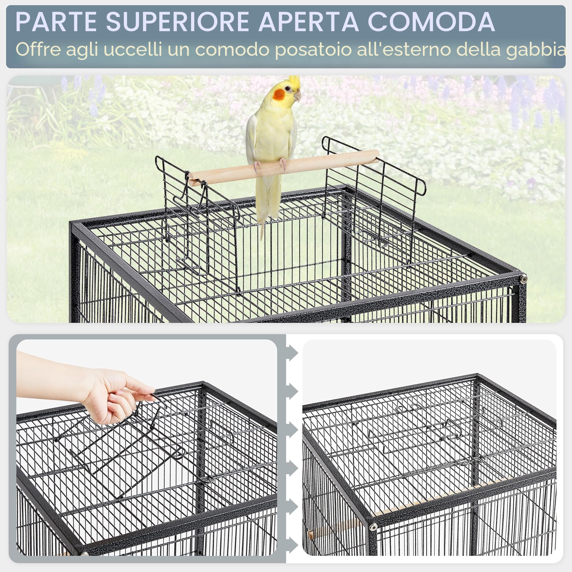 Yaheetech Gabbia per Uccelli in Metallo 45,5 cm x 45,5 cm x 89,5 cm con Posatoio Mangiatoia Vassoio con Ruote per Pappagallini Canarini Fringuelli Nera