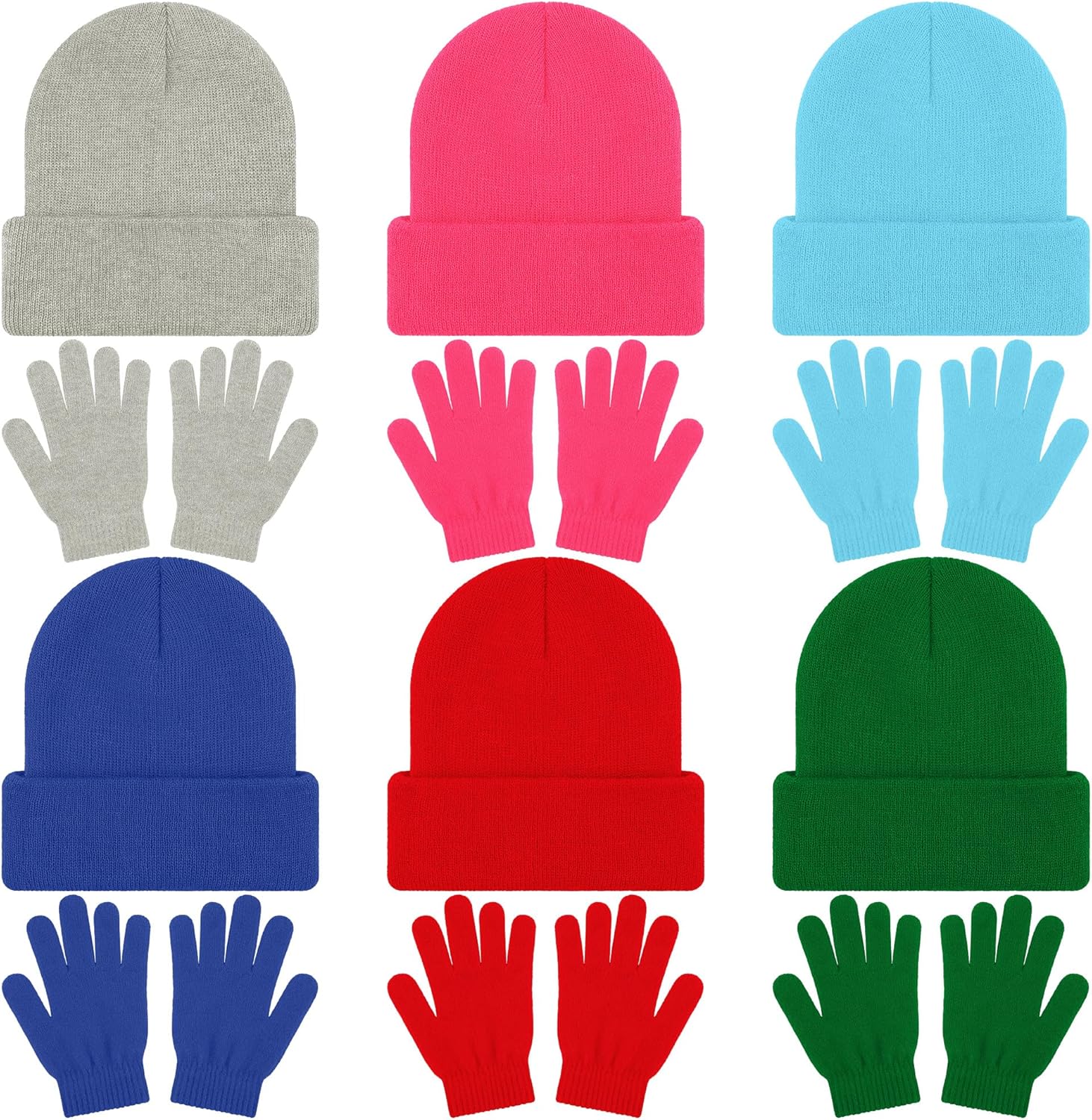 Cooraby 12 Pack Kids Winter Beanies Hats and Full Fingers Gloves for Boys Girls Warm Knitted Set for Cold Weather