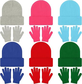 12 Pack Kids Winter Beanies Hats Fingers Gloves for Boys Girls Warm Knitted Set for Cold Weather