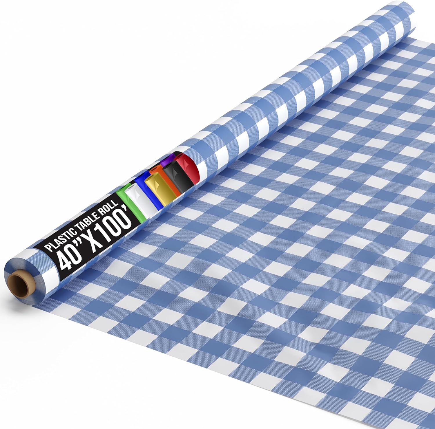 Exquisite Blue Gingham Plastic Table Cover Roll 40" X 100