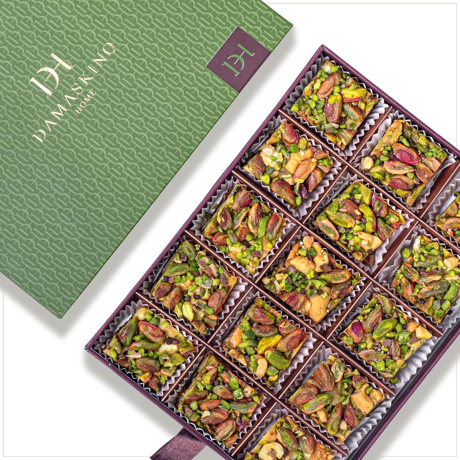 Damaskino Home Medjool Date & Nut Bites Gift Box – 10.5 oz (300 g), 15 Pieces – Cubes of Soft Dates with Pistachios, Cashews, Cardamom & Biscuits – Middle Eastern Snack & Gift Treat