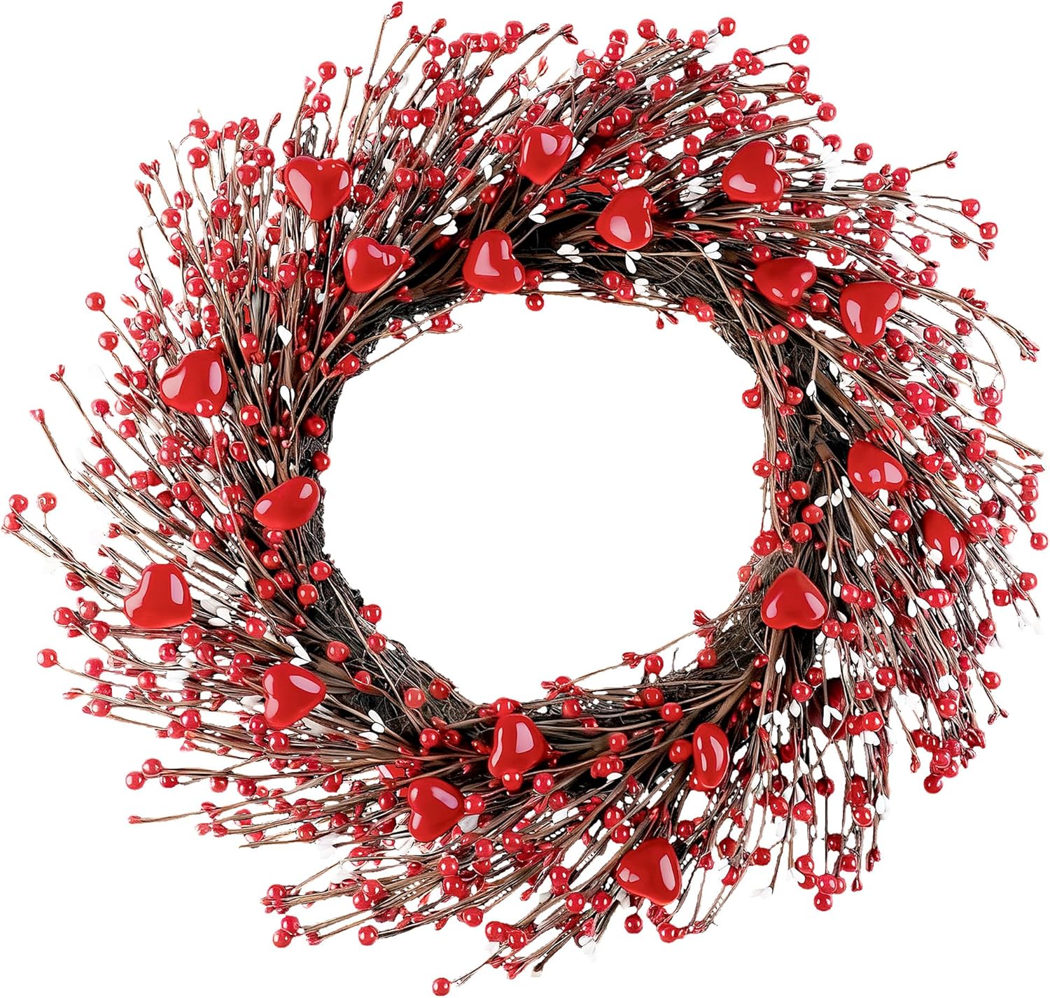 ANVAVO Valentine’s Day Wreath 24 Inches Red Pink and White Heart Berries Artificial Round Wreath for Wedding Party Anniversary Decor