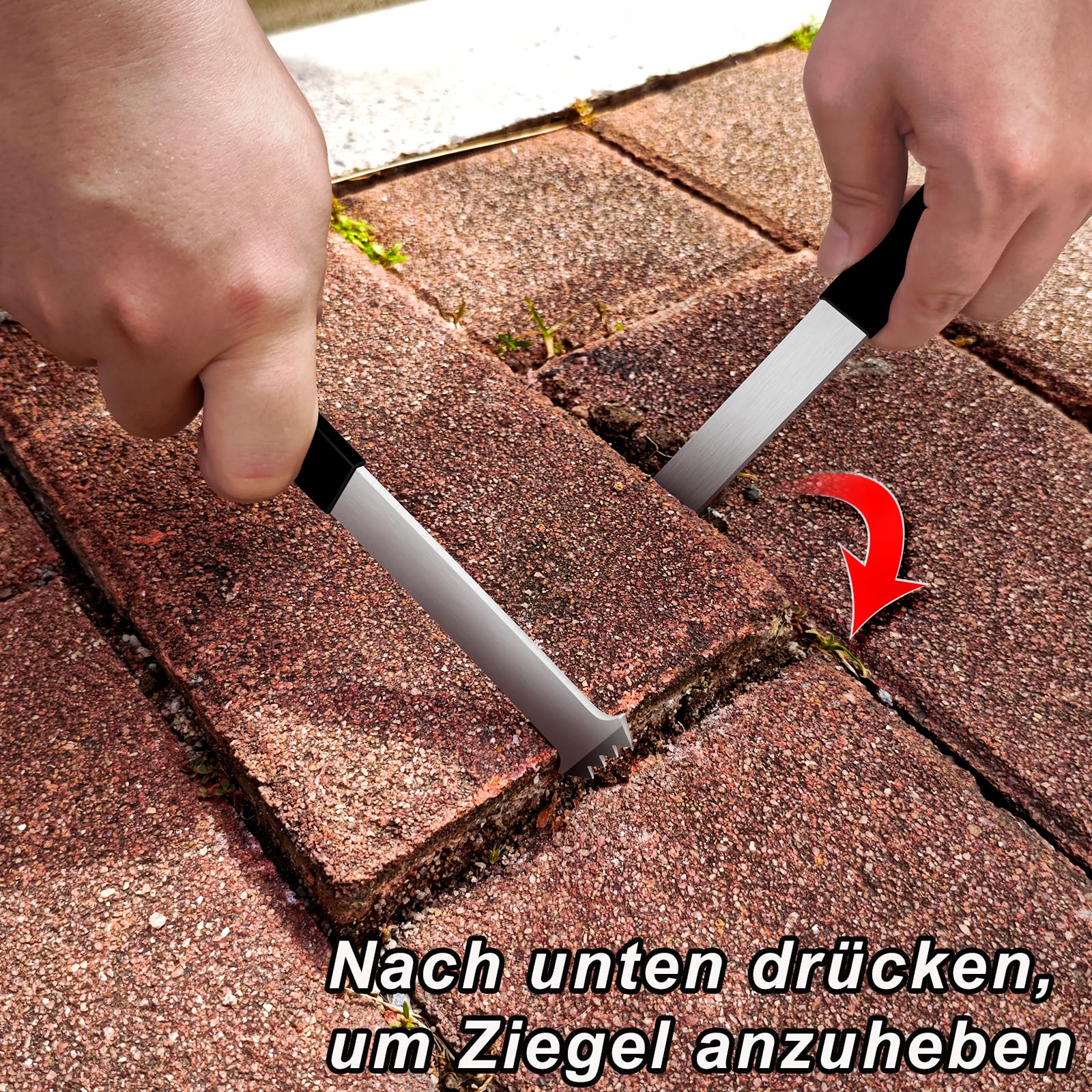 Bestratingsgereedschap, set van 2 met dubbele gewrichtsschraper, zaagtand-microtanden en antislip handgreep en verzinkte, roestvrije straatsteentrekker voor tuin, terras en looppad
