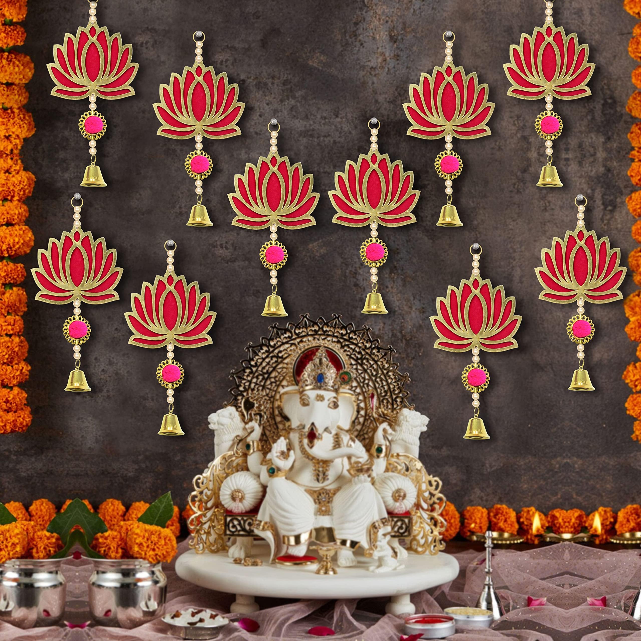 Pack of 10 Wall Door Hanging Lotus Latkan Toran with Bells (22.8 cm x 9.6 cm) - Main Door Entrance Pooja Room Temple Wedding Festival - Decoration Items for Home Décor