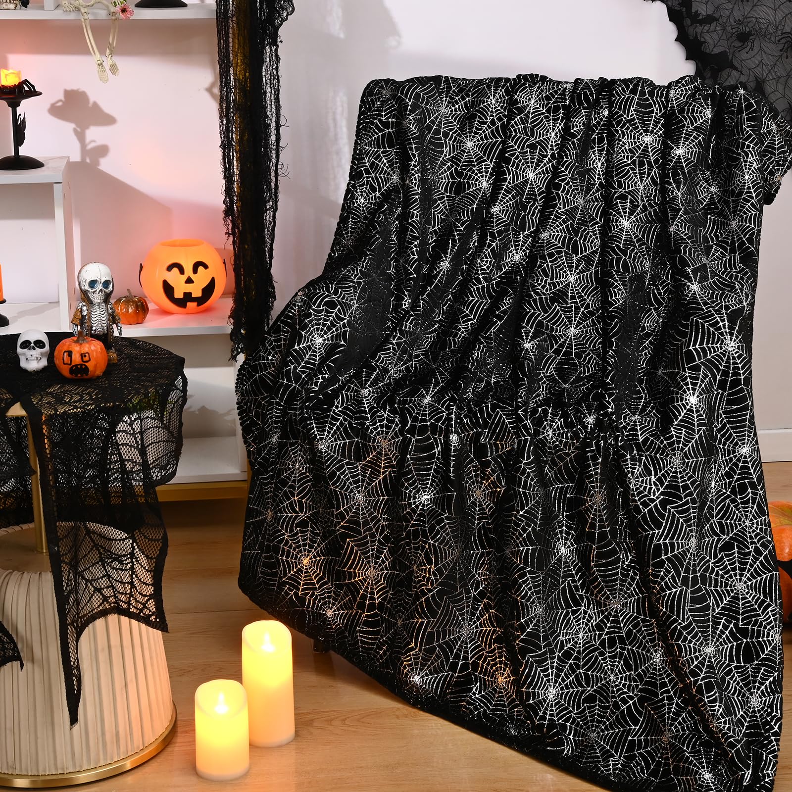 ASPMIZ Halloween Blanket Throw, Spider Web Throw Blanket for Couch, Flannel Throw Blankets for Bed Chair, Cobweb Silver Foil Print Blankets Cozy Warm Halloween Decorations Gift Home, Black 50x60 Inch