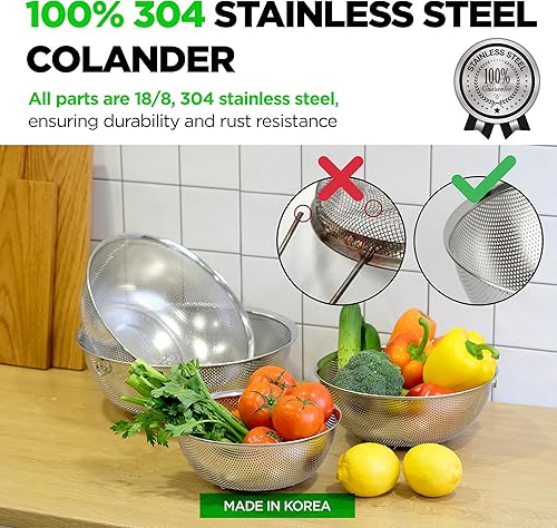 Miniatura 2 de Juego de 4 coladores pequeños y grandes microperforados de acero inoxidable 188 304 de alta calidad con anillos, 3.5-5.5-7.5-9.5 cuartos de galón,