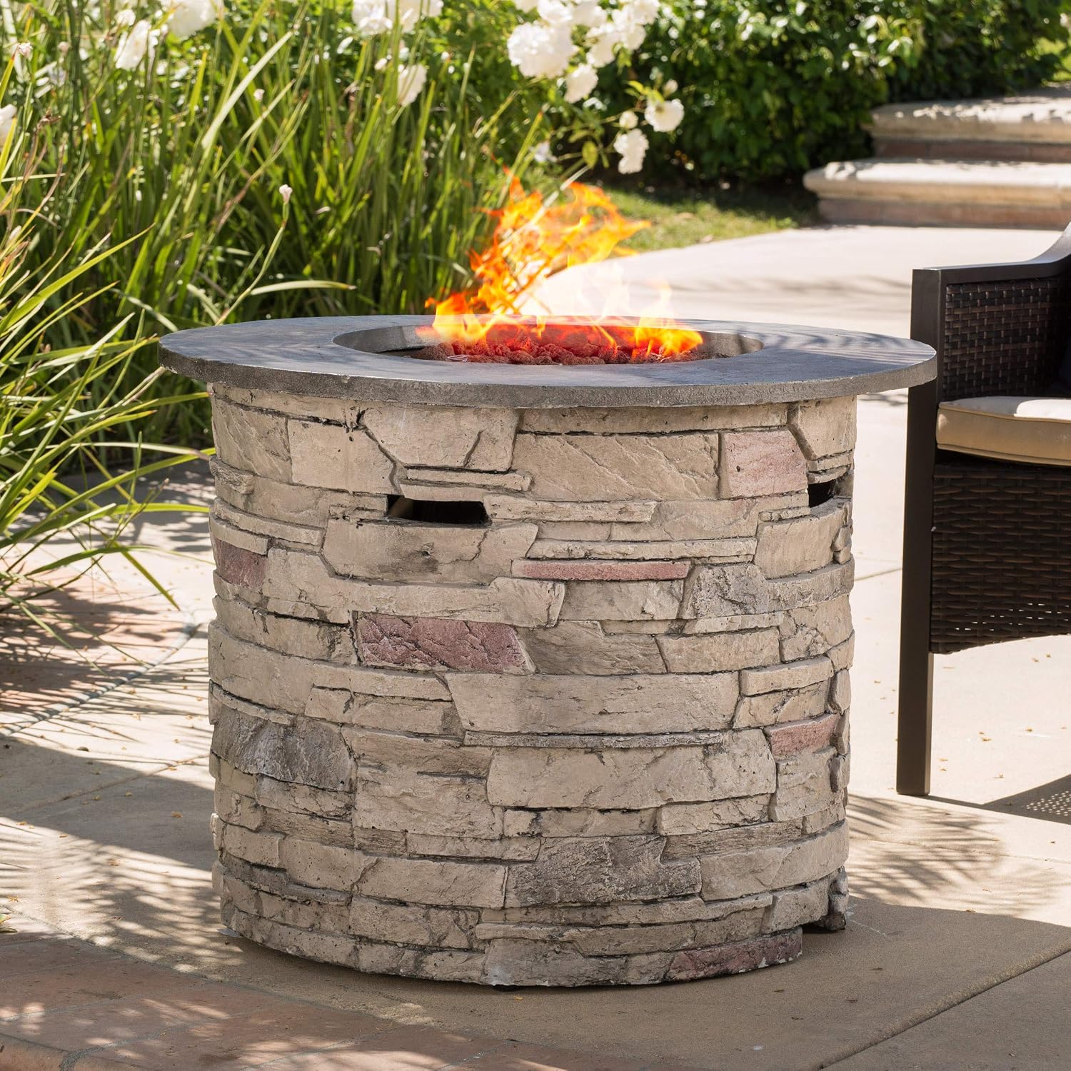 Christopher Knight Home Rogers Propane Fire Pit Round 32" Top-40,000 BTU, Round, Grey