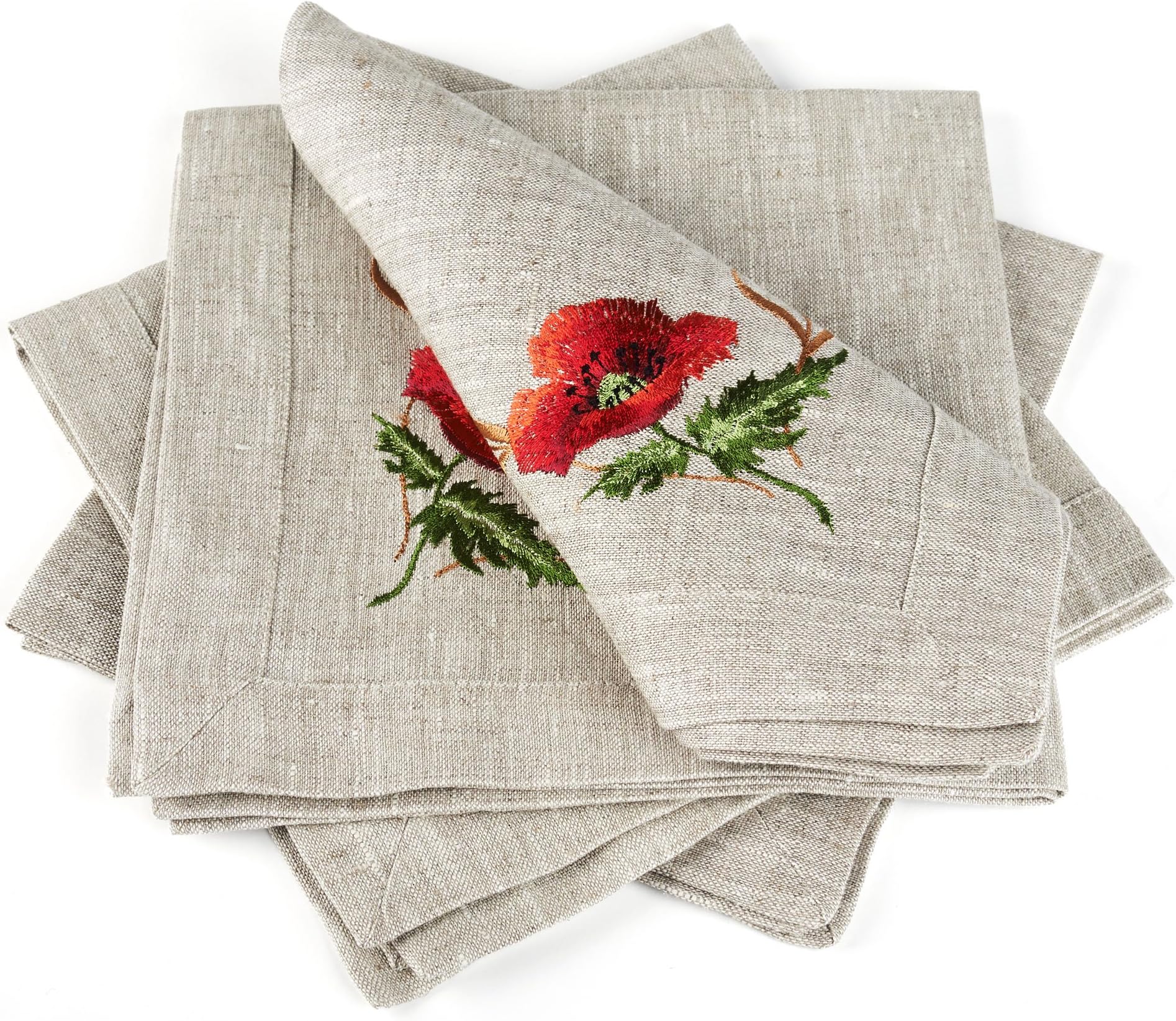 Linen Cloth Table Napkins Poppies (Grey) with Embroidery — Soft and Durable — Set of 4, 16" x 16" — Premium Quality — Eco-Friendly 100% Pure European Flax Linen Fabric