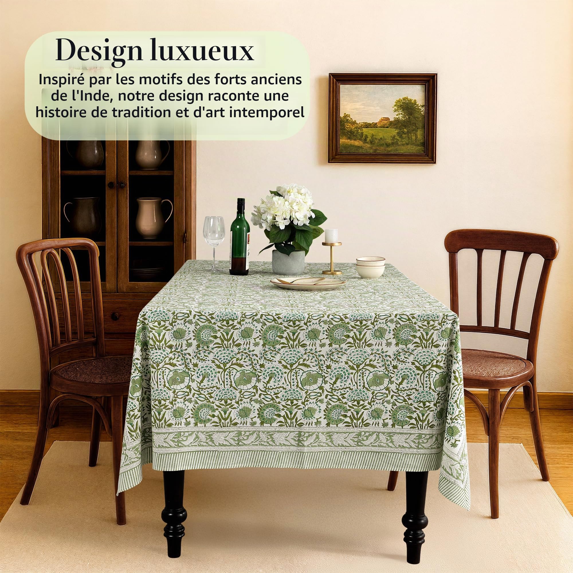 CPC Nappe rectangulaire 100% Coton - Imprimé Main Indienne - 4 Places - 152,4 x 152,4 cm - Lavable et réutilisable - pour Maison, Restaurant, hôtel, événement et Utilisation Quotidienne