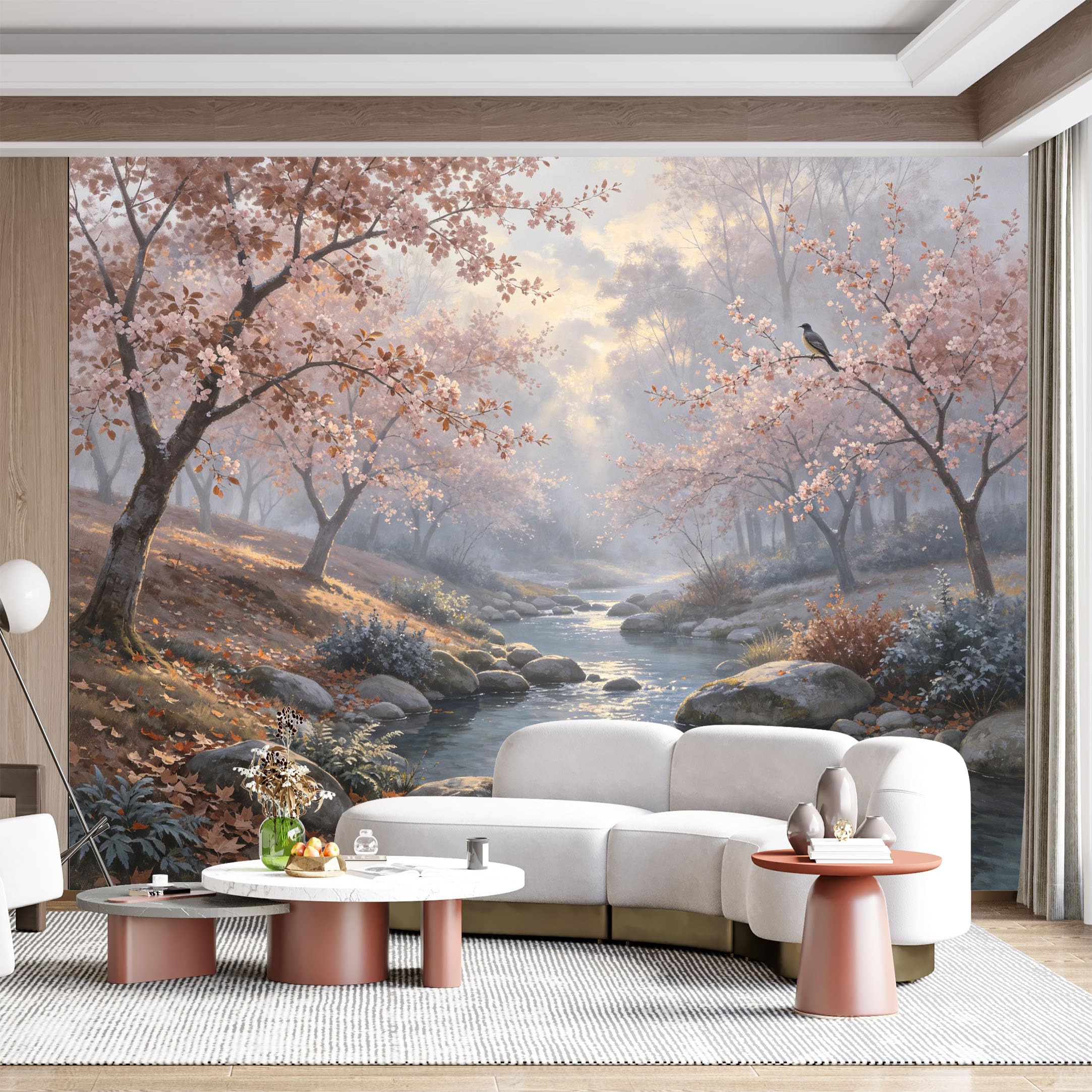 Custom Size Wall Mural Spring Blossom Creek Tranquil Forest Landscape Watercolor SelfAdhesive Wall Fabric Removable for Home Office Decor