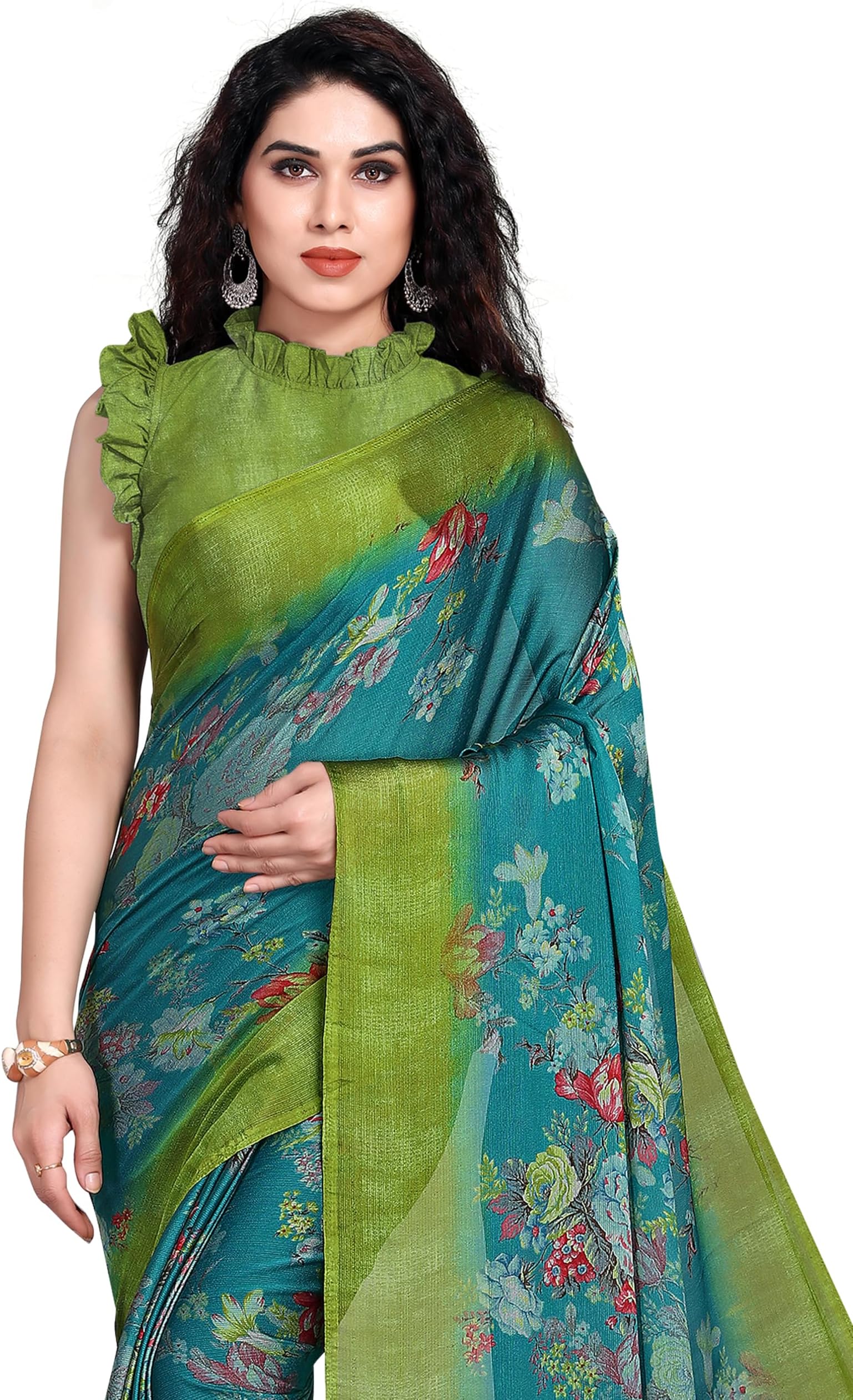 Women's Chiffon Georgette Floral Printed Saree with Blouse Piece (39821-Magenta, Beige)