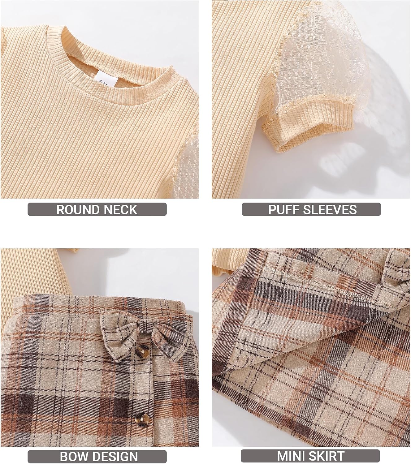 Girls' Skirt Sets Puff Sleeves T-shirt and Plaid Skirts 2 Peice Outfit image 5
