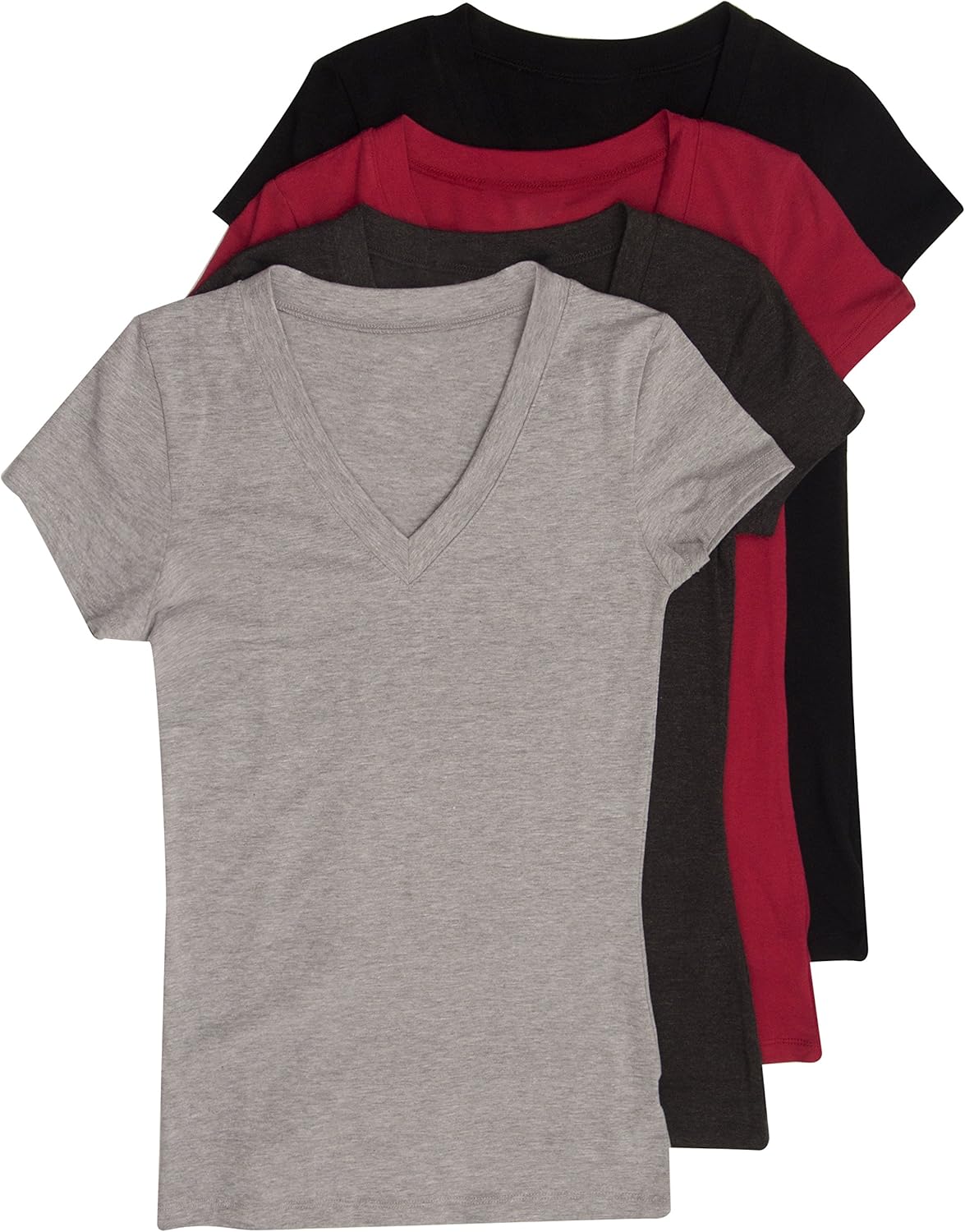 4 Pack Zenana Women's Basic V-Neck Tee Large Black, Charcoal, Burgundy, H Gray