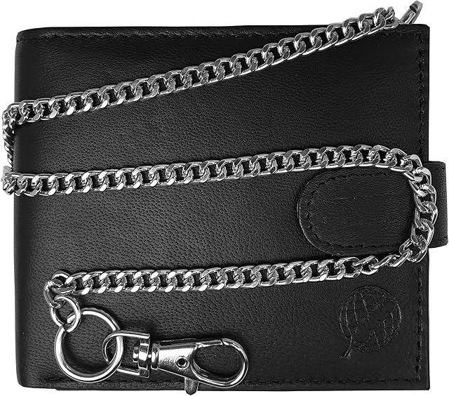 Roamlite RFID Blocking Mens Leather Wallet - 43cm Key Belt Chain - 4 Credit Card Slots - Buttoned Coin Pouch - 11 cm x9.5x2 RL506K (Black RFID Blocking)