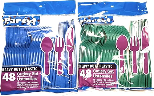1 OM Blue & Green Team Colors - Juego de cubiertos desechables de plástico de 96 piezas, 32 cucharas, 32 tenedores, 32 cuchillos, 2 paquetes de 48