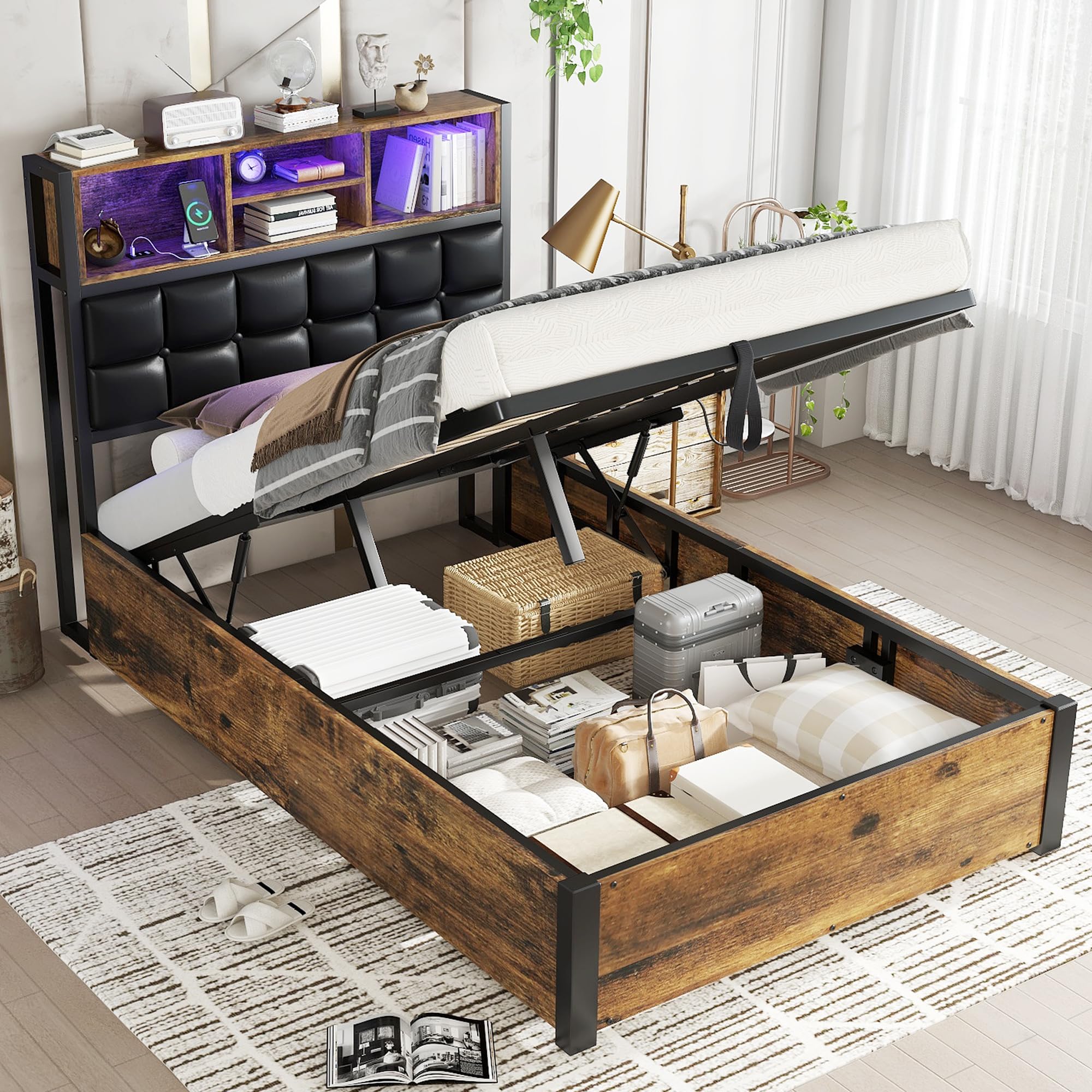 Merax 3ft Hydraulic Metal Bed Frame 90x190cm Single Bed with Lift-Up Storage,Charging Port & LED Light, Soft PU Backrest, Iron + MDF Platform Bed, Black & Wood Finish (NO Mattress)