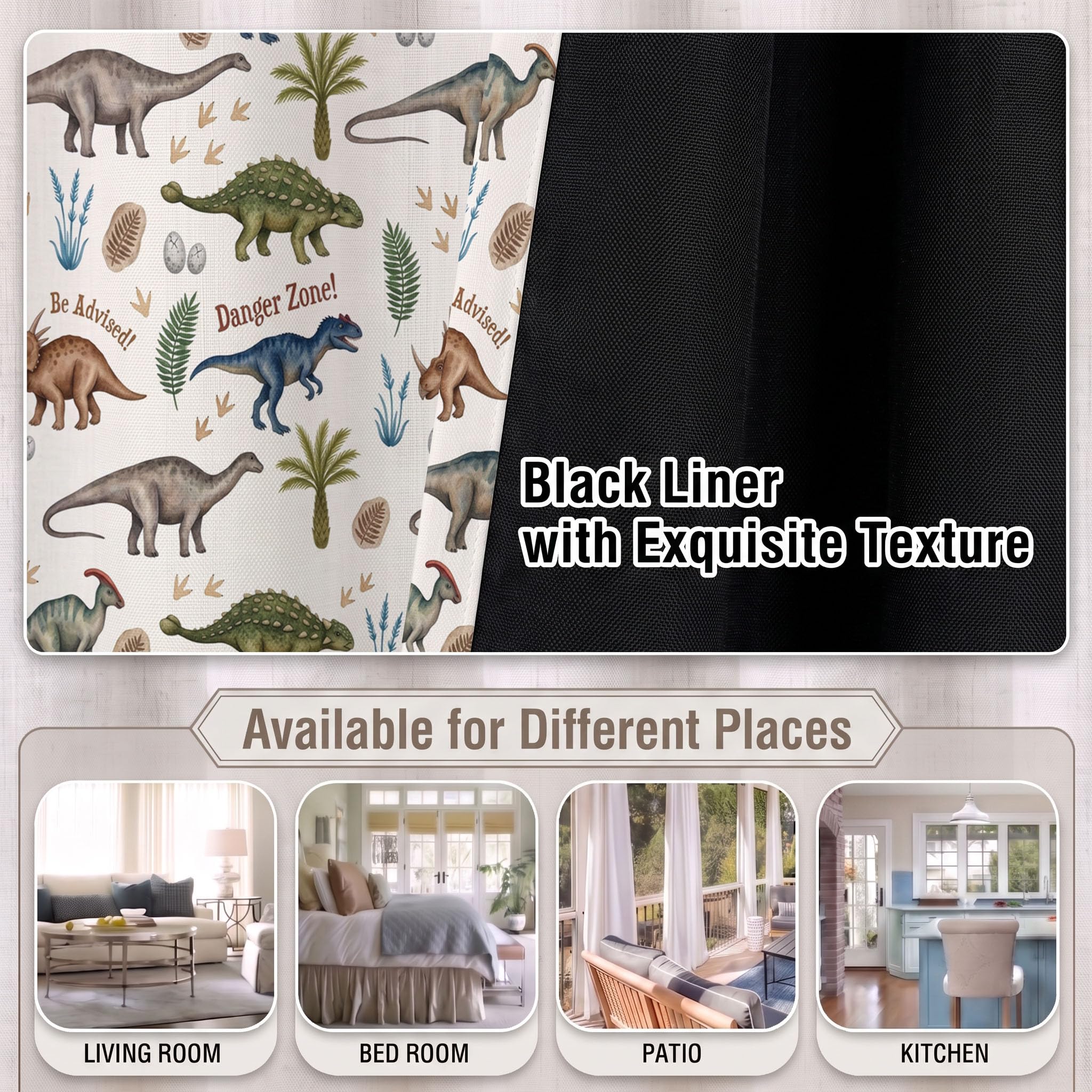 Dinosaure À L'Aquarelle Rideau - Thème Animalier Rideau Occultant Thermiques, L140×H240Cm (2 Panneaux) Rideaux À Oeillets pour Decoration Chambre Salon, Beige Marron