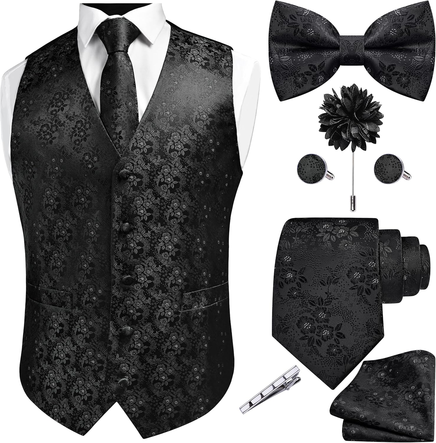 GUSLESON Fashion Paisley Vest for Men Jacquard Tie Waistcoat Bow tie Hanky Lapel Pin Cufflinks Set Wedding 7PCS
