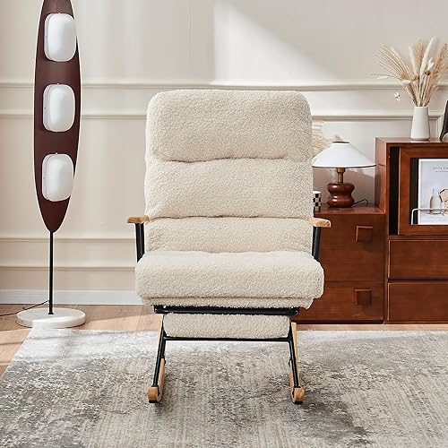 Miniatura 7 de Mecedora para guardería, mecedora deslizante de tela de terciopelo con respaldo alto ajustable, mecedora moderna para interiores con reposapiés