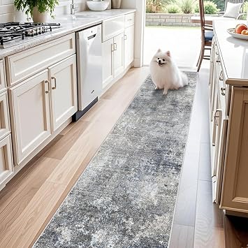 2x10 ft Washable Hallway Runner Rug Non-Slip Stain-Resistant Low-Pile Long Carpet Runner for Kitchen Entryway Living Room Bedroom Bathroom, Modern Abstract Neutral Blue Gray,2x10