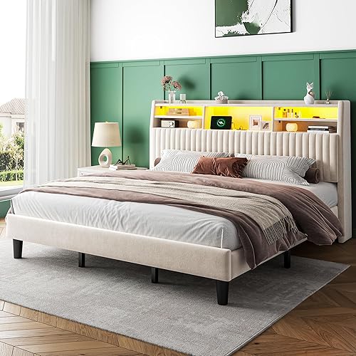 Miniatura 14 de Base de cama tamaño Queen, marco de cama de terciopelo con estación de carga y luces LED, cabecera capitonada de canal vertical con estantes de