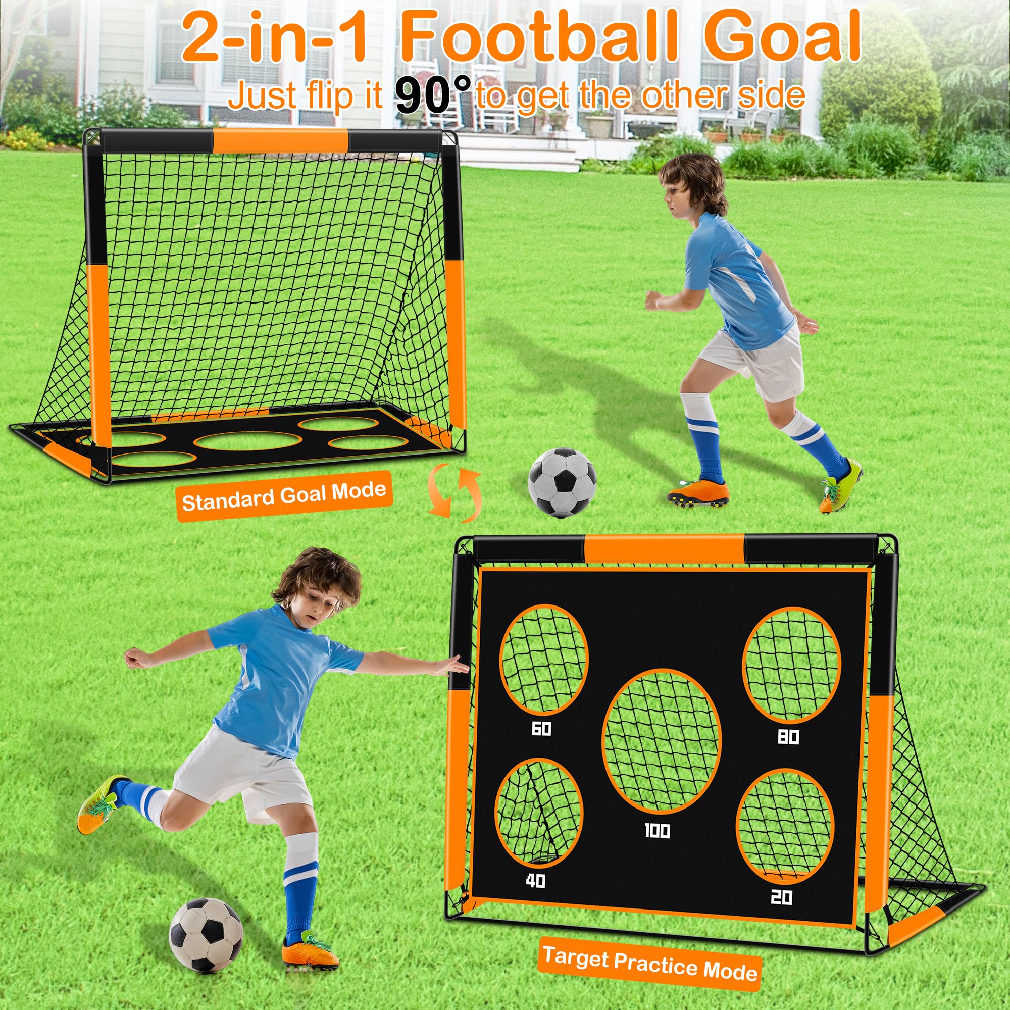 Gofady Porta da Calcio per Bambini, 2 in 1, Porte da Calcio Pop Up con 5 Sparare e Borsa per il Trasporto, Rete da Calcio per Giardino Interni ed Esterni(1.2M/1.5M)