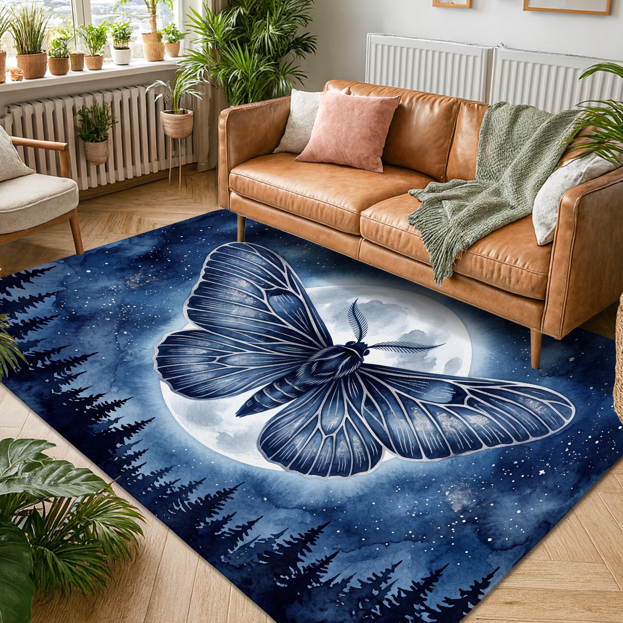 Fantasie-Teppich mit himmlischen Motten und Mond, 1,5 x 2,1 m