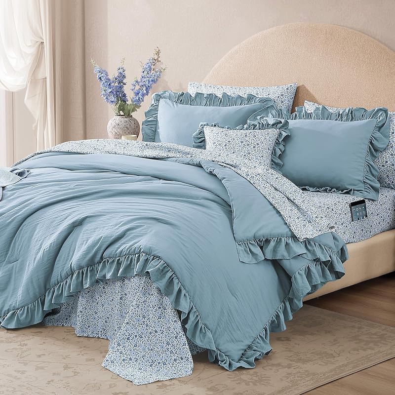 BLOOMHAVEN Queen Comforter Set-7 Pieces Ruffle Bedding with Floral Sheet image 2
