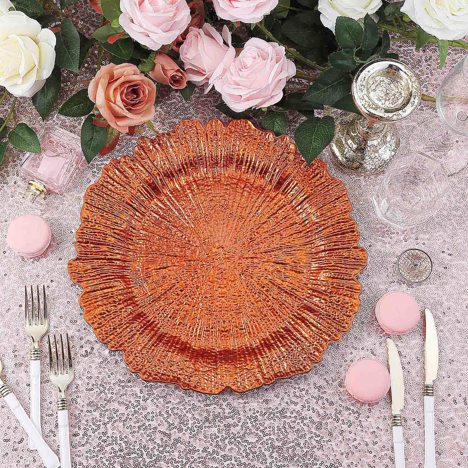 Efavormart 6 Pack 13" Round Orange Plastic Reef Charger Plates Ruffled Rim Dinner Charger Plates For Weddings Events