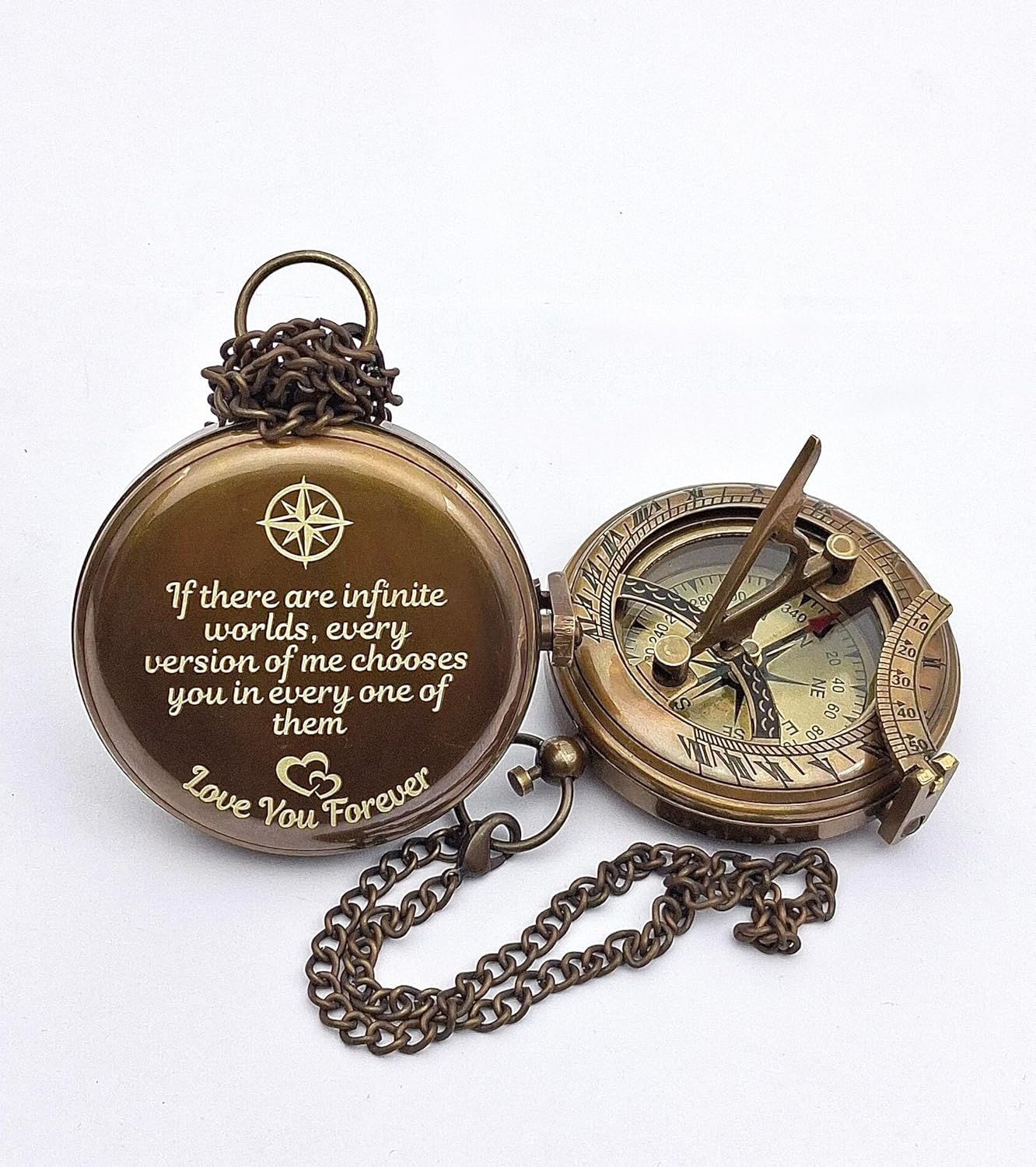 Infinity Love Engraved Brass Pocket Compass with Sundial – Personalized Sundial Compass - Luxury Gift - Anniversary Sundial Compass - Brass Personalised Gifts for Men with Engraved Message, 3 inch