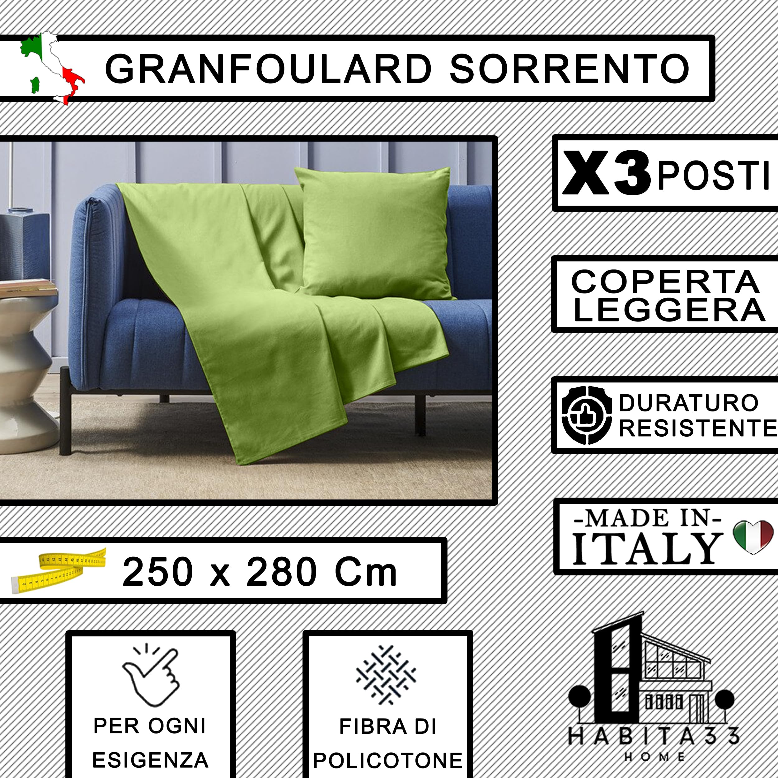 Copridivano Granfoulard 250x280 Cm - Policotone Leggero, Verde Amalfi | Per Divano O Letto Matrimoniale - Foto 8