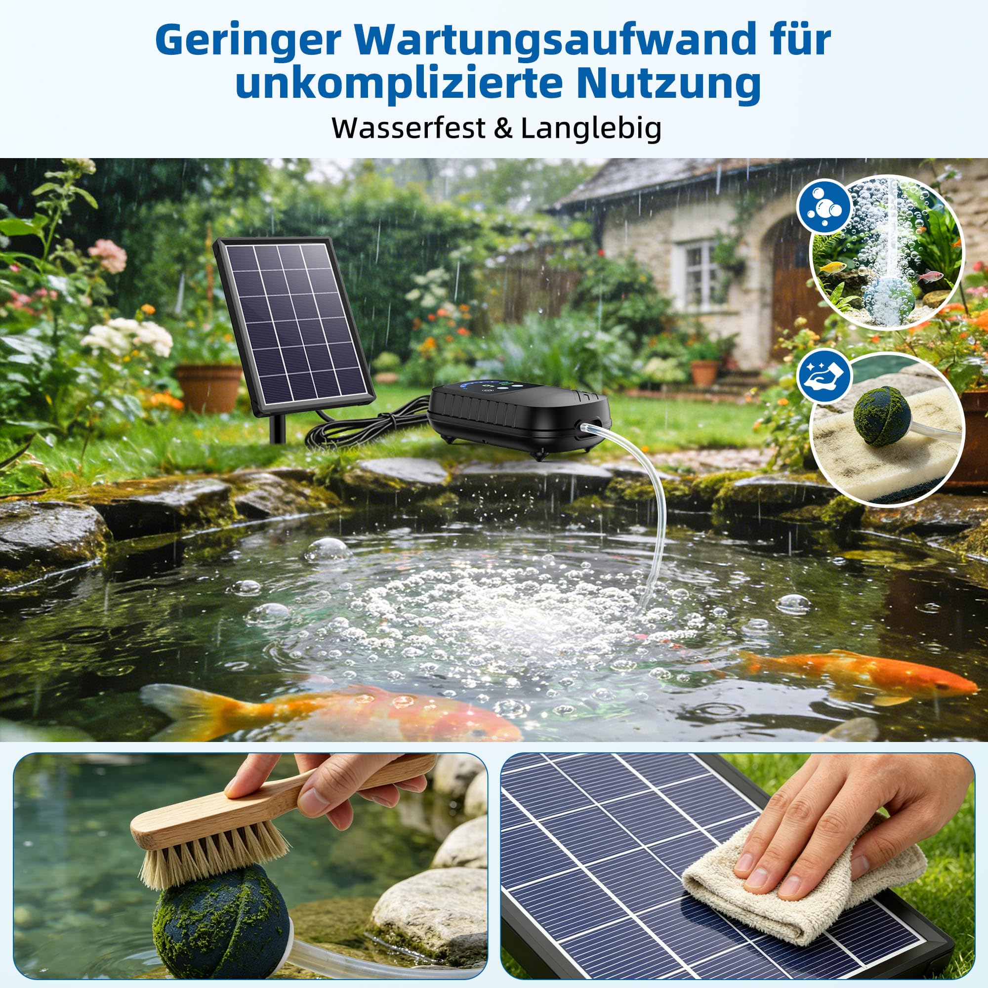 Biling Bomba de oxígeno solar para estanque de 3,5 W, con batería de 2200 mAh, manguera de 3 m, IPX5 silenciosa, bomba de aire solar silenciosa para estanque de jardín, depósito de agua de lluvia