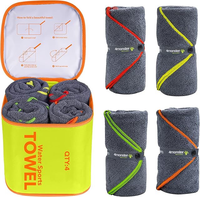 4Monster 4 Pack Microfibre Gym Towel with Accessory Bag, Quick Dry Travel Towel Super Lightweight, Ultra Absorbent Beach Camping Towel for Sports Yoga Swimming Hiking Bath and Pool (4Pack, Yellow)
