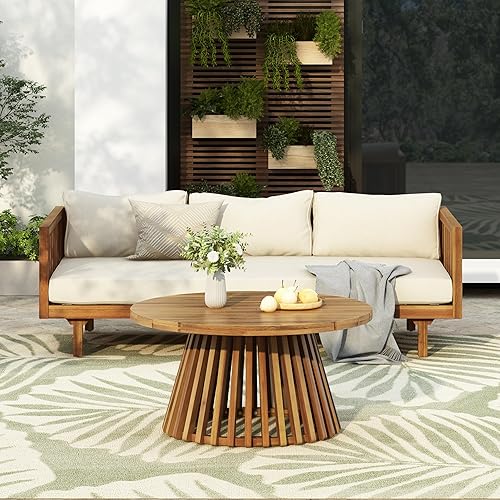 Merax Outdoor Acacia Wood Conversation Set, 3-Seat Loveseat Sofa w/Coushion