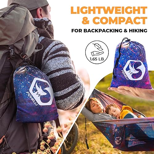 Miniatura 4 de Foxelli Hamaca de camping  Hamaca portátil de nailon de paracaídas ligera con cuerdas de árbol y mosquetones, perfecta para exteriores, mochileros,