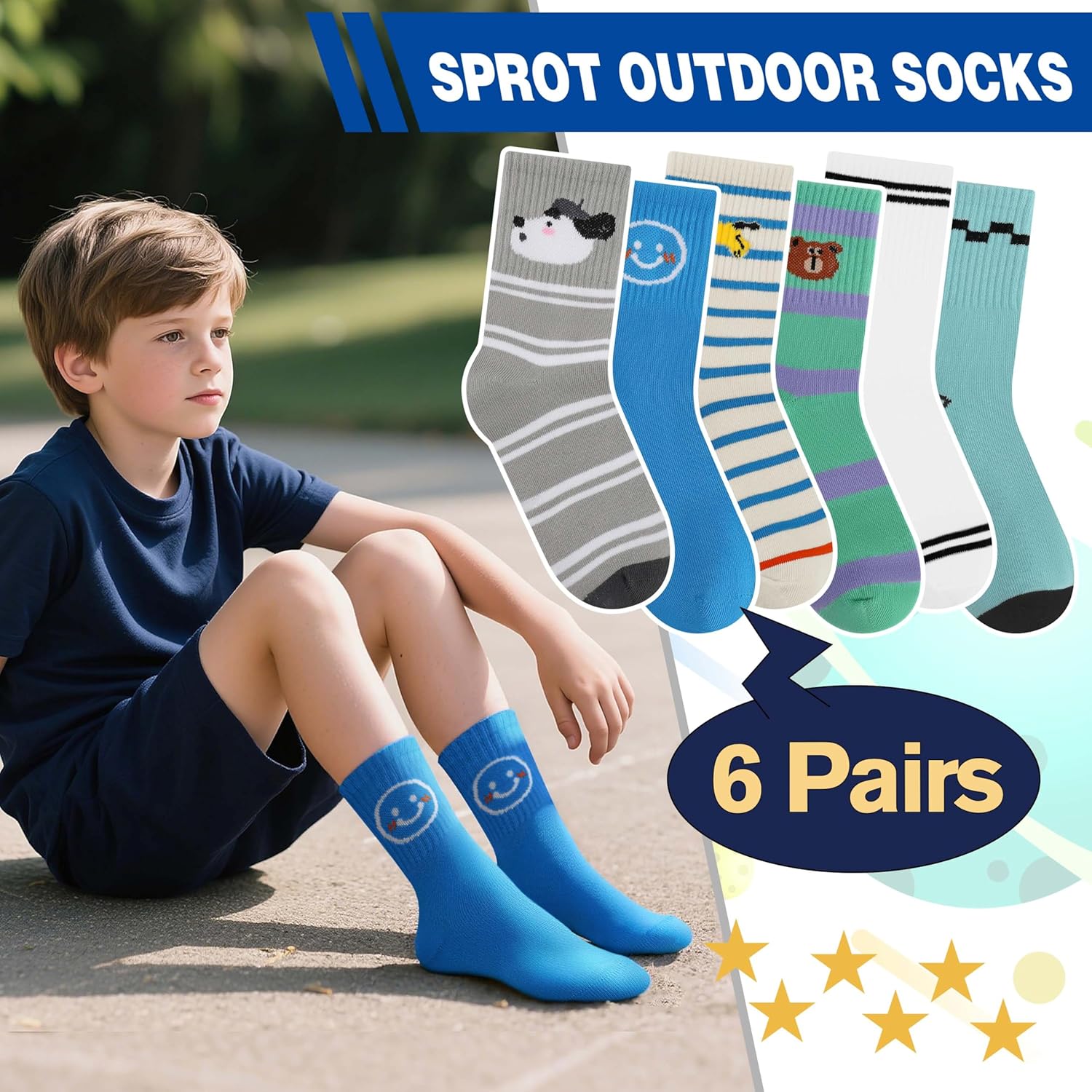 Kids Boys Girls Athletic Sport Socks Basketball Outdoor Cotton Crew Breathable Striped Socks 6 Pairs - Image 5