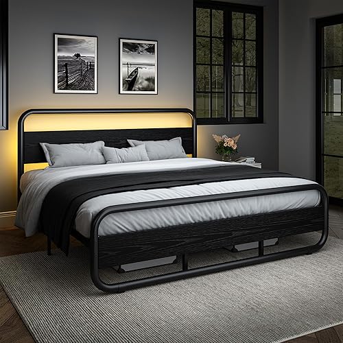 Catrimown Base de cama Queen con cabecero LED, marco de cama Queen con plataforma de metal, marco de cama tamaño Queen, plataforma de madera Queen,