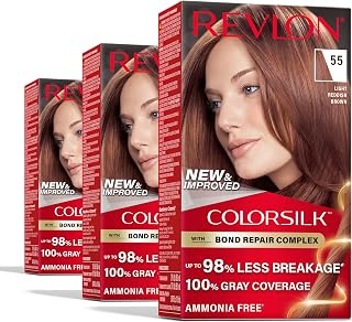 Revlon ColorSilk with Bond Repair Complex, Red Permanent Hair Color, 100% Gray Coverage, Ammonia Free Hair Dye, Vegan Keratin, 55 Light Reddish Brown (Pack of 3)