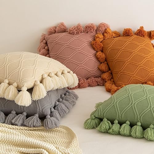 Miniatura 3 de NIDITW Juego de 2 fundas de almohada ultra suaves de punto con textura geométrica bohemia con borlas hechas a mano con borlas hechas a mano, funda