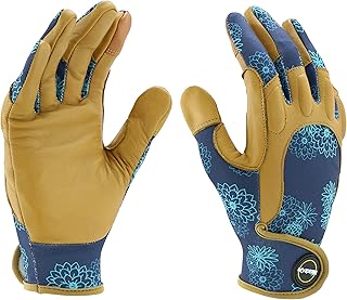 Miracle-Gro MG86213/WSM Premium Goatskin Padded Palm Gloves â€“ Floral, Small-Medium, High Dexterity Spandex Back Gloves for Women Blue