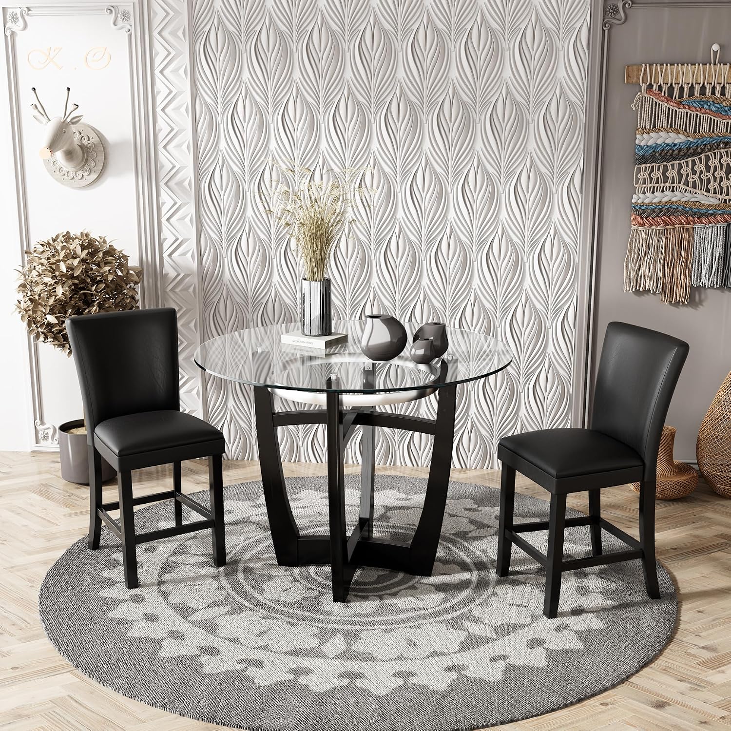 PADMA HOUSE Round Glass Pub Dining Set for 6, 45in Modern Round Wood Glass Counter Height Bar Table with 6 Leather Pub Stools 7 Piece Bistro Dining Table Chair Set, Clear&Black