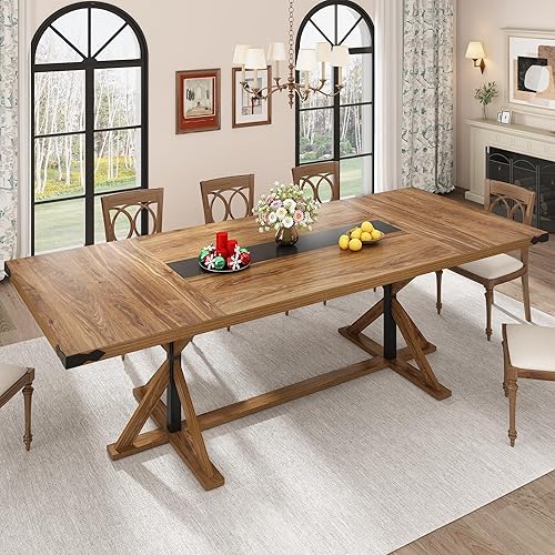 Miniatura 11 de Mesa de comedor de 71 pulgadas para 6 personas, mesa rectangular de cocina de granja con grosor impermeable, mesas de comedor largas con base de