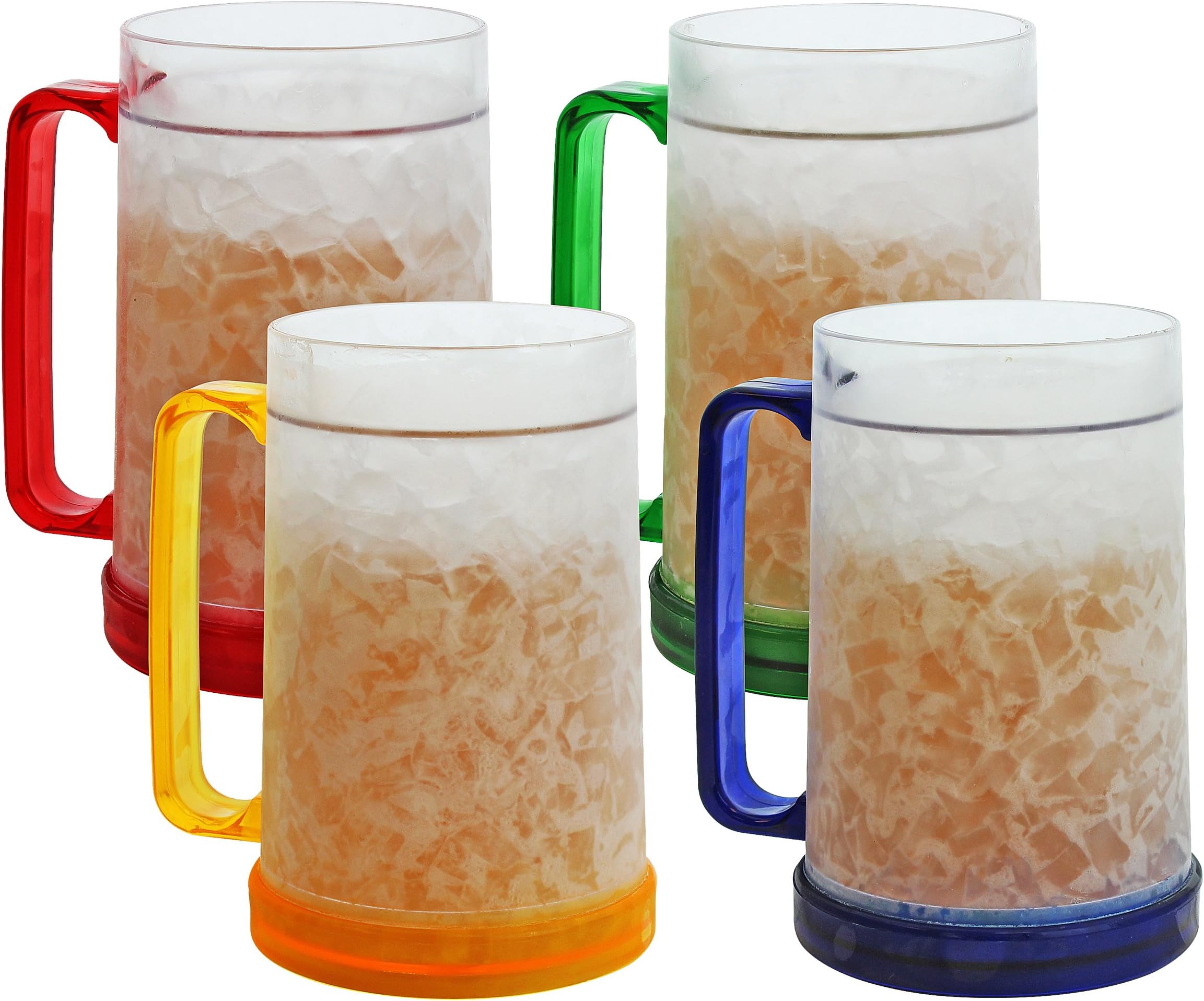 Double Wall Gel Frosty Freezer Mugs 16oz, Set of Four, Assorted Colors (Red, Yellow, Blue, Green)
