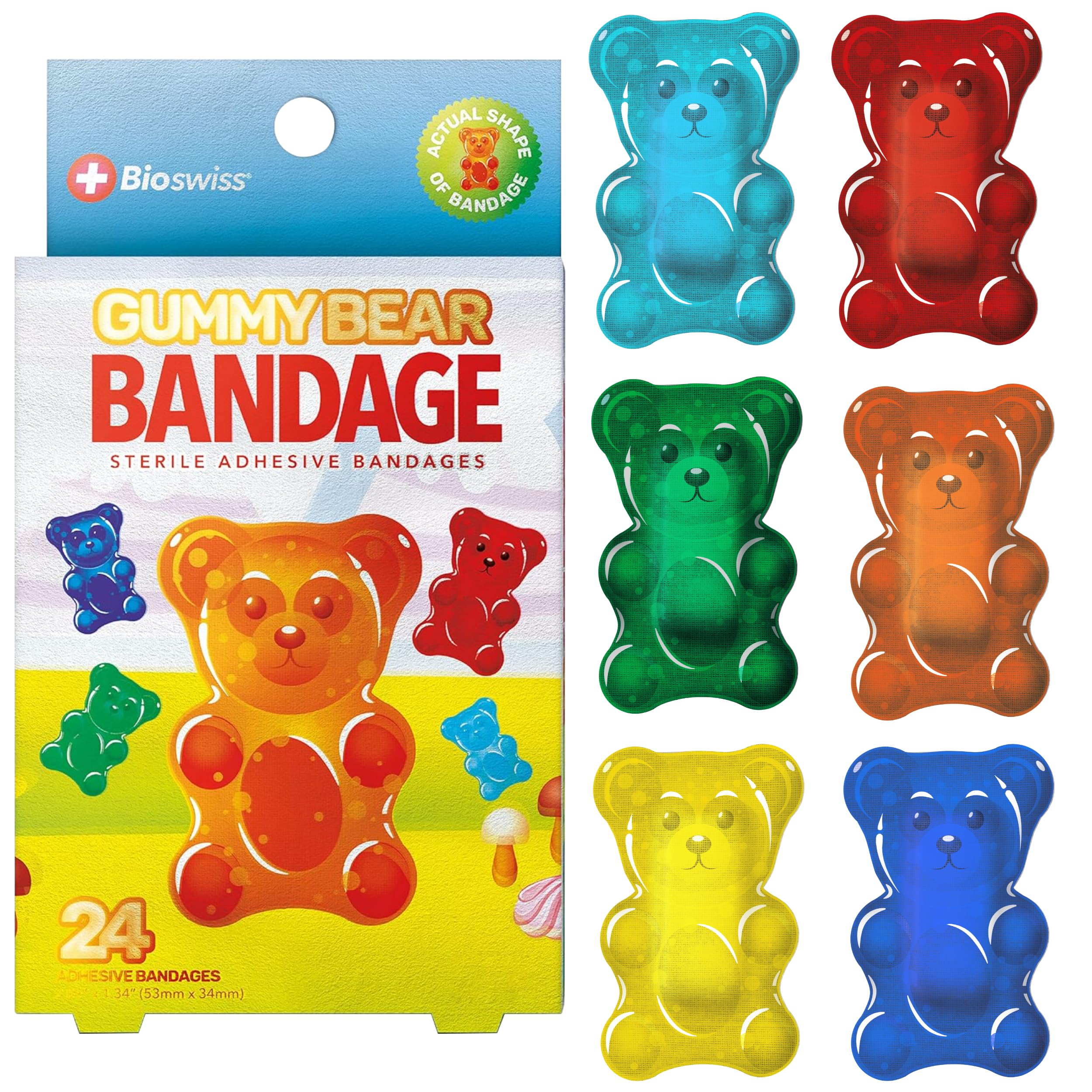 BioSwiss Bandages, Gummy Bear Shaped Self Adhesive Bandage Set, Latex Free, Sterile Wound Care, 24 Count