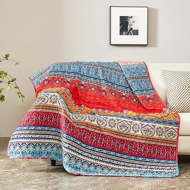 WONGS BEDDING Boho Throw Blanket Bedspread Vintage Striped Printed Coverlets Bedspread Lightweight Soft Microfiber Quilted Bedspread for All Season ( 150 x 200 cm)