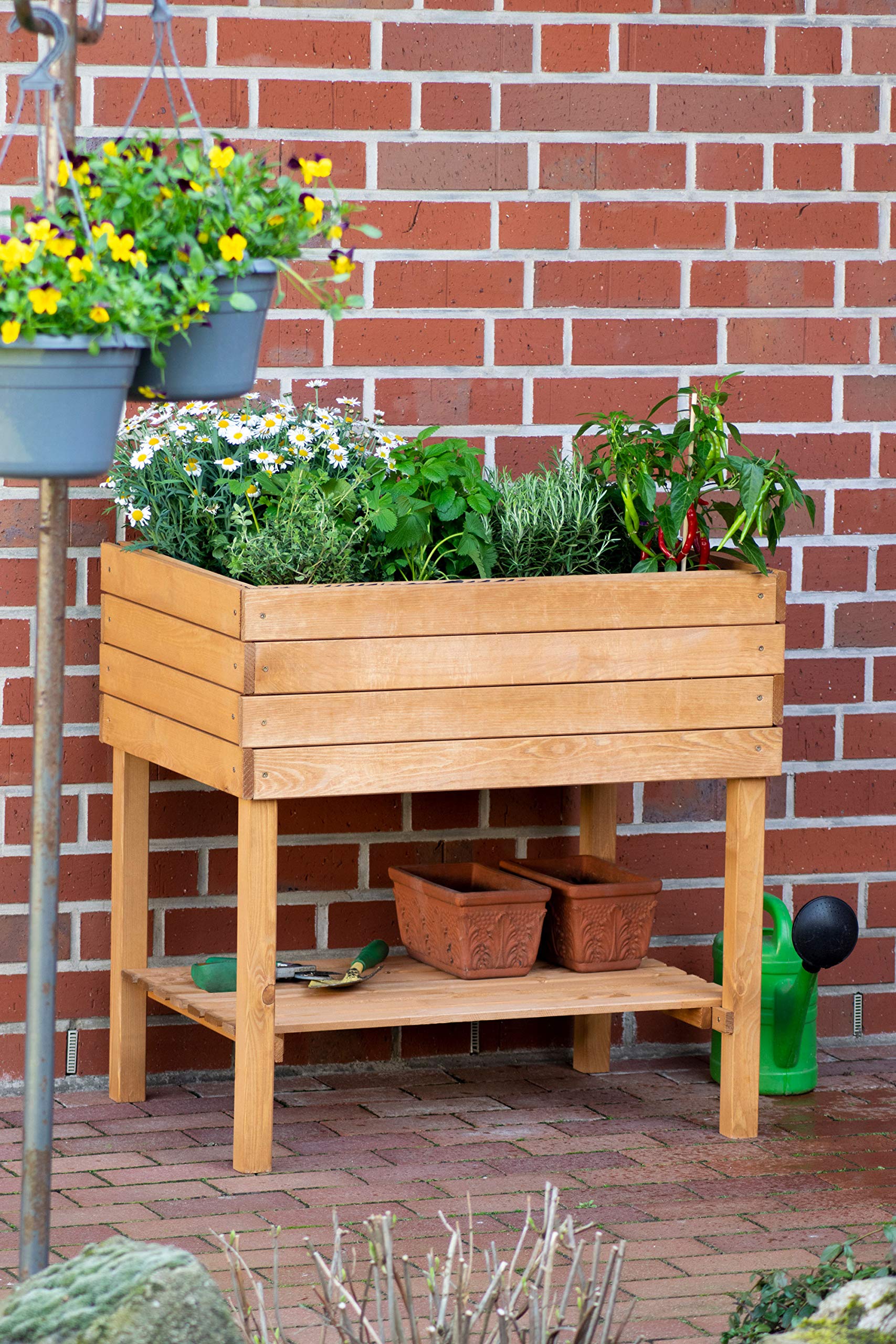 dobar® 58270e breites Hochbeet Kubus Massiv-Holz mit Ablageboden | Salatbeet Bausatz für Gemüse | Erhöhtes Gemüsebeet Garten & Balkon | Anzuchtbeet mit Füßen | 80 x 60 x 80 cm | Braun
