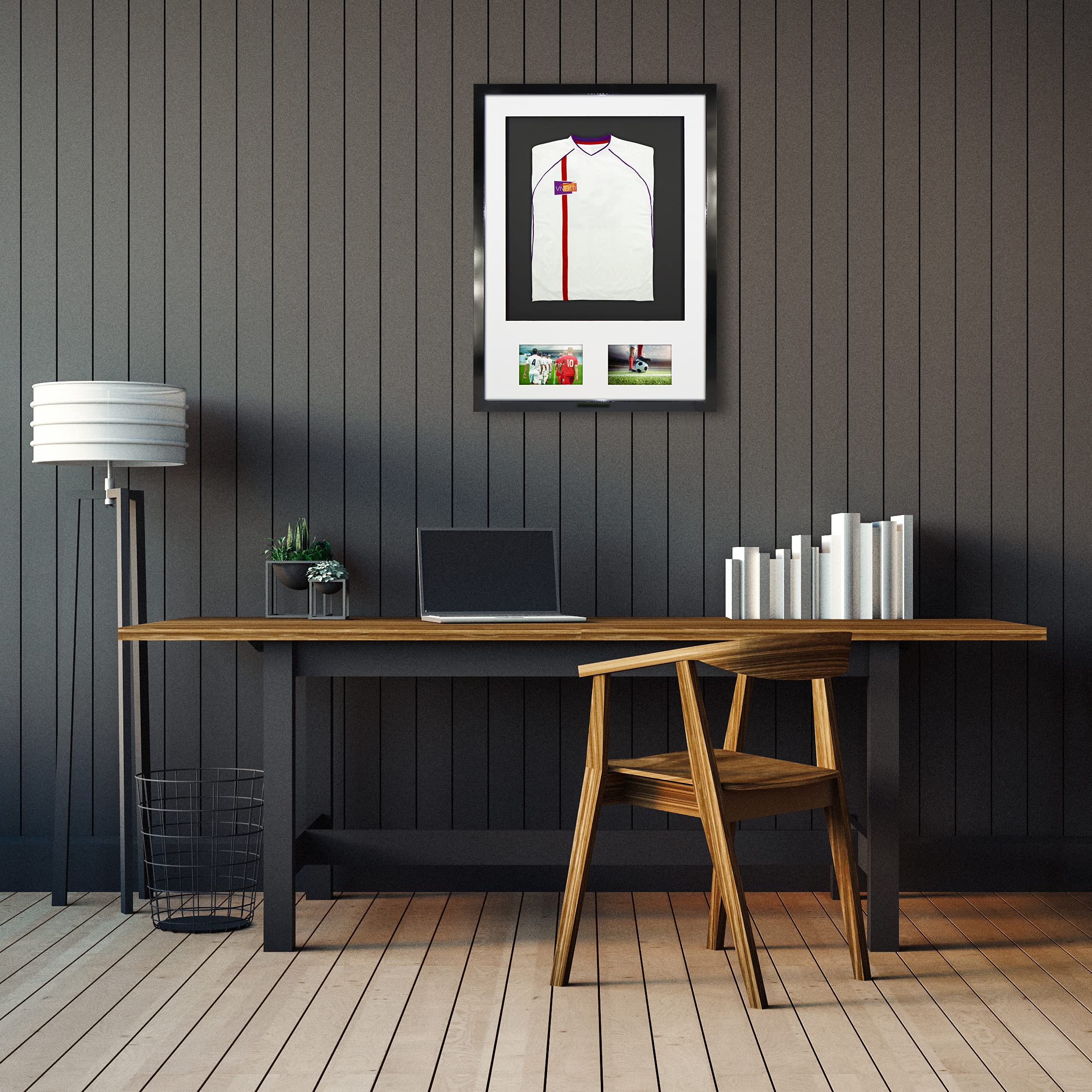 Vivarti DIY - Marco de visualización para camisa deportiva con doble apertura (50 x 70 cm), color negro brillante, soporte blanco, tarjeta trasera negra