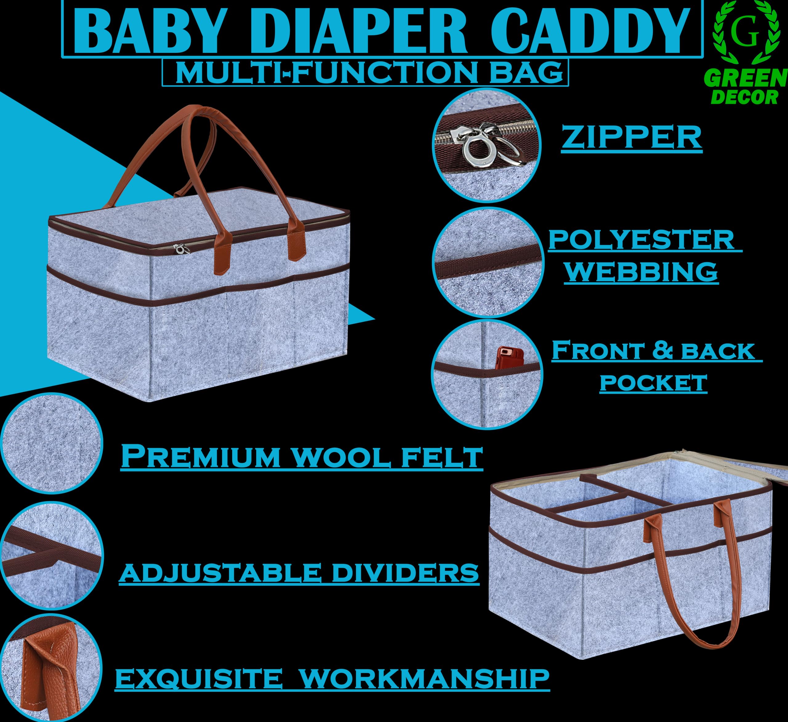 GREEN DECOR-Non Woven Fabric Diaper Caddy Bag with Handles & Zip Lock for Smart Mothers Baby Diaper Caddy Wipes Felt Storage Organizers,Foldable & Portable(Grey&Tan&Wine-15X10X8 Inch) - Image 4 thumbnail
